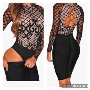 Black Nude Illusion Lace up Back Bodysuit Size Large